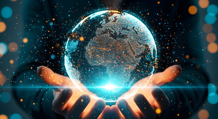 Obraz premium Global Network: Digital Earth in Human Hands