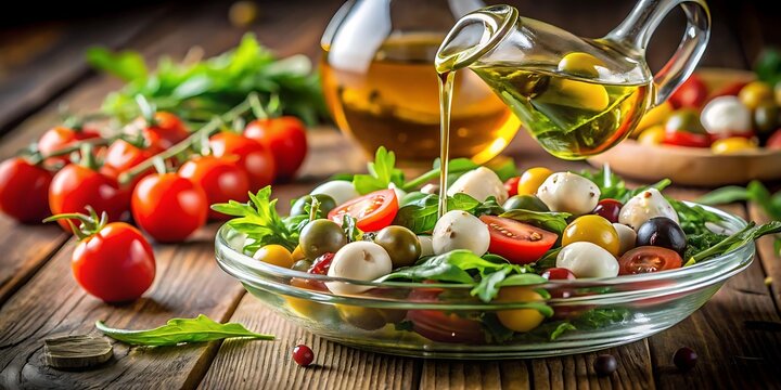 Fresh caprese salad with olive oil being poured on a rustic wooden table