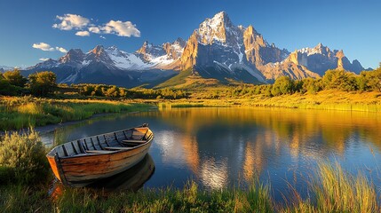 Obraz premium Serene mountain lake with a wooden boat.
