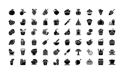 Modern vector illustration variety of food items icons in solid black on a white background,  beverages, snacks, fruits, vegetables, desserts, utensils, and kitchen items, easily editable and scalable