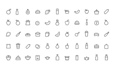 Modern vector illustration variety of food items icons in solid black on a white background,  beverages, snacks, fruits, vegetables, desserts, utensils, and kitchen items, easily editable and scalable