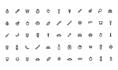 Modern vector illustration variety of food items icons in solid black on a white background,  beverages, snacks, fruits, vegetables, desserts, utensils, and kitchen items, easily editable and scalable