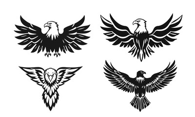 Collection of eagles in black and white vector style, flying bird silhouette, aggressive eagle emblem, tribal wings design, predator bird symbol