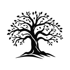 Stylized tree silhouette with curved trunk and leaves, nature emblem for eco design, or logo concept, tree vector silhouette, nature symbol, eco logo, forest emblem