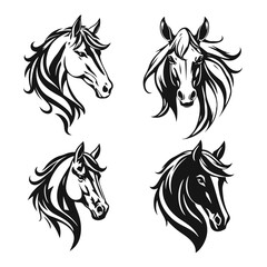 Elegant horse head set, flowing mane design, wild stallion profile, animal face icons, racing horse emblem	