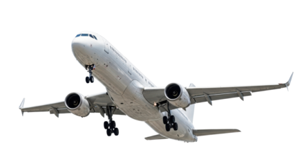 Sleek white passenger jet airplane in dynamic ascent with extended multi-wheeled landing gear, featuring dark windows & winglets, isolated on seamless transparent background, studio lighting, concept