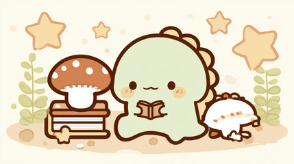 Fototapeta premium A cute dinosaur reads a book with mushrooms and stars in a whimsical setting. Back to school