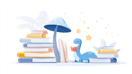A delightful cartoon dinosaur engrossed in a book, surrounded by enchanting story elements. Back to school