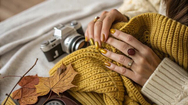 Yellow nails with autumn leaves and vintage camera in cozy setting	