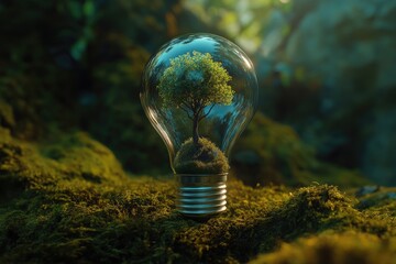 Small tree inside a clear lightbulb, nestled in moss-covered ground, surrounded by lush forest
