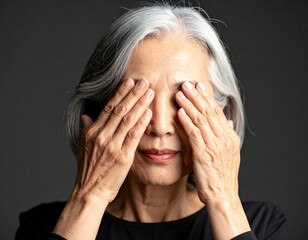 手で顔を覆う白髪のシニア女性