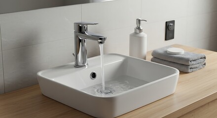 Fototapeta premium Modern bathroom interior with a white ceramic sink and chrome faucet. Water running into the basin on a wooden countertop.