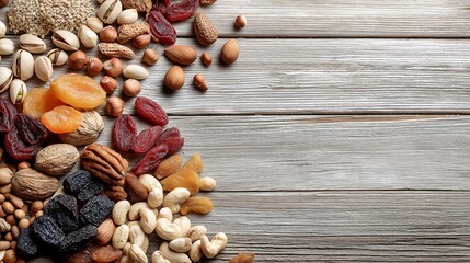 Scattered Nuts and Dried Fruits on Wooden Background with empty space for text