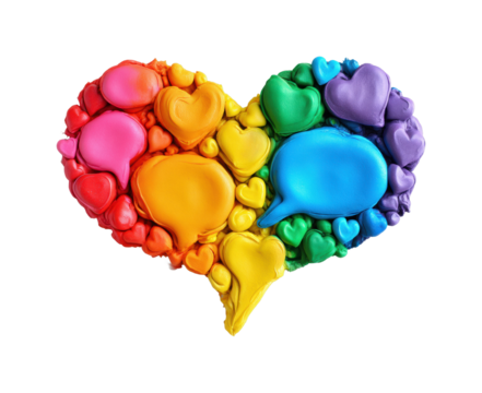 Creative love symbol made of colorful hearts and speech bubbles vibrant playful design isolated on transparent background, png - Powered by Adobe