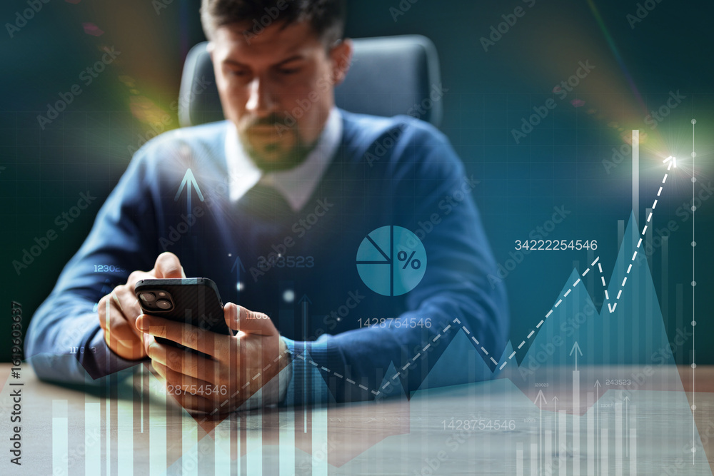 Aufkleber professional man analyzing data on smartphone while seated at a desk in a modern office setting