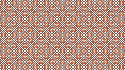 A repeating pattern of red circles inside squares with brown borders on a white background
