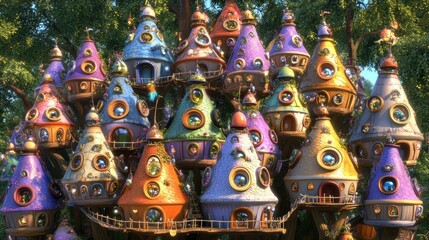Fototapeta premium Colorful treetop village with whimsical homes.