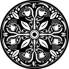 Elegant coffee mandala design featuring cups and floral elements isolated on white background, perfect for cafe branding and decorative applications