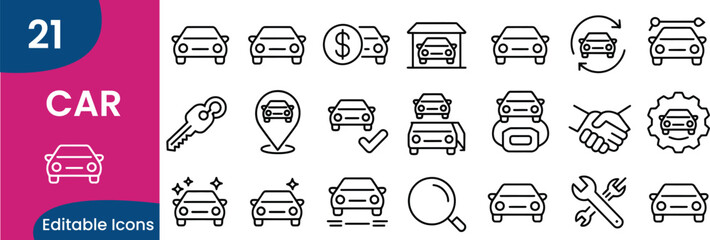 Car Icon Set with Various Aspects of Car Ownership and Maintenance Depicted in Simple Outline 