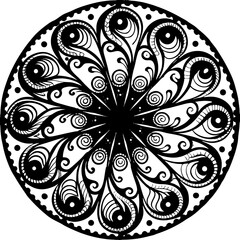 Intricate black and white floral mandala isolated on white background, a decorative pattern with swirling elements for creative designs