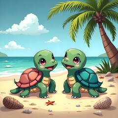 Naklejka premium Cartoon Turtles Playing on Sunny Beach – Cute Sea Animal Illustration 