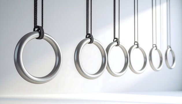 Gymnastic rings hang from ropes in a bright space