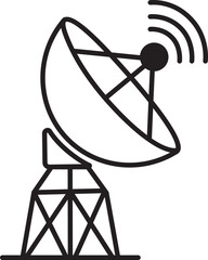 Satellite dish icon, black vector of communication antenna group in line style, radar signal transmitter receiver symbols, wireless broadcast network element isolated on transparent background.
