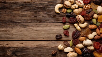 Scattered Nuts and Dried Fruits on Wooden Background with empty space for text