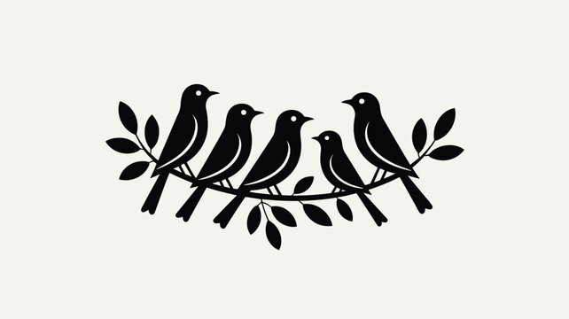 Five Silhouette Birds on Curved Branch with Leaves