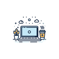 coffee cup next to a laptop, work-from-home icon