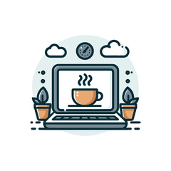 coffee cup next to a laptop, work-from-home icon