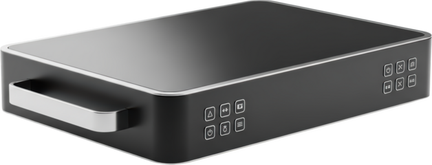 Modern black rectangular electronic device with silver handle and control panel transparent background