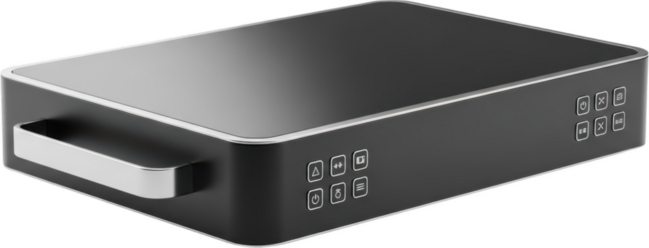 Modern black rectangular electronic device with silver handle and control panel transparent background