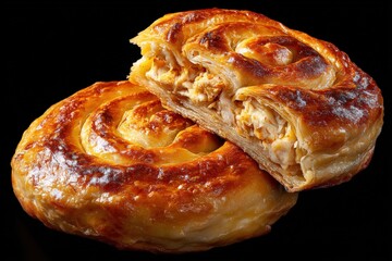 Delicious golden-brown spiral meat pie with flaky crust and savory filling on a black background, traditional comfort food pastry dessert