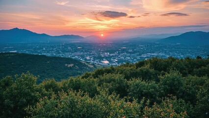 Nomad visa. Sunset over green hills mountain valley landscape scenic v