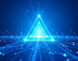 Glowing triangle within a network of light trails on a dark blue background