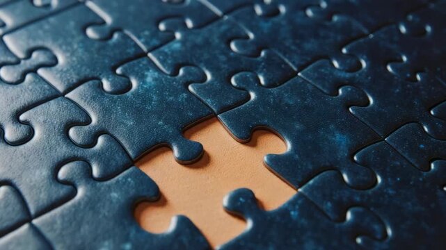 Close up of a dark blue jigsaw puzzle with one missing piece implying challenge