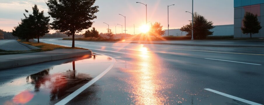 Sunrise over wet streets urban landscape morning scene reflective environment peaceful viewpoint