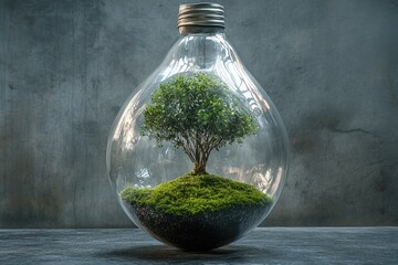 Miniature tree inside a clear glass lightbulb