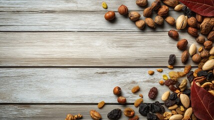 Scattered Nuts and Dried Fruits on Wooden Background with empty space for text