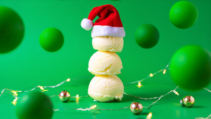 Fototapeta premium Vanilla ice cream scoops with santa hat and festive decorations christmas