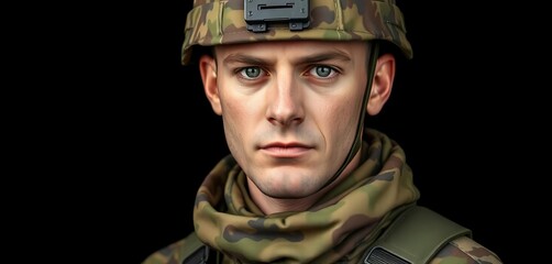 A steadfast soldier in camouflage, serious expression, isolated on black ,  studio shot, soldier