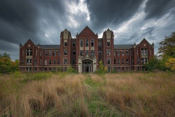 Abandoned brick building, overgrown with autumnal grass, under a stormy sky