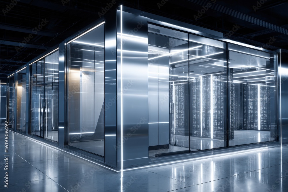 Poster ultra-modern data center with advanced server racks and bright reflective lighting in a high-tech fa