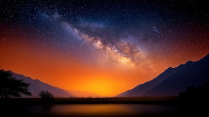 Stunning panoramic view of the Milky Way galaxy spanning across the night sky over silhouette mountains and tranquil lake reflecting vibrant sunset colors