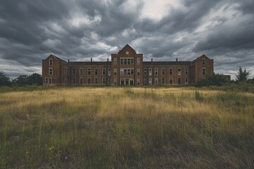Fototapeta premium Abandoned brick hospital building, weathered facade, overgrown field