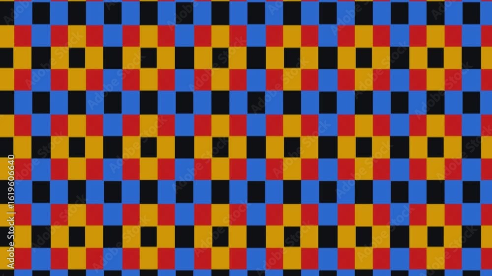 Poster seamless vibrant checkerboard pattern with red yellow blue and black squares for optical illusion an