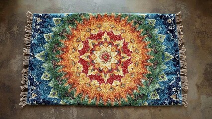 Tumble Rug. Colorful mandala rug with intricate patterns on wooden flo