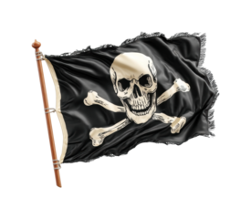 Pirate flag waving in the wind coastal location graphic design nautical theme view isolated on transparent background, png