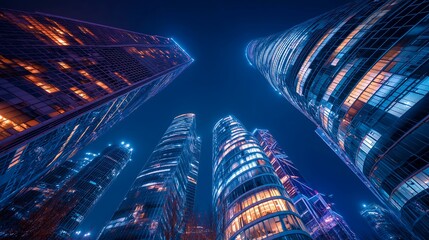 Night Cityscape: Low Angle View of Illuminated Skyscrapers